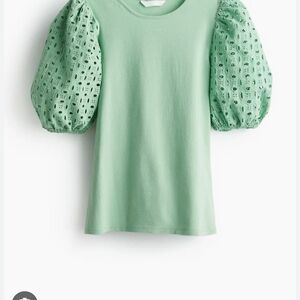 H&M Light Green Eyelet Puff Sleeve Tee